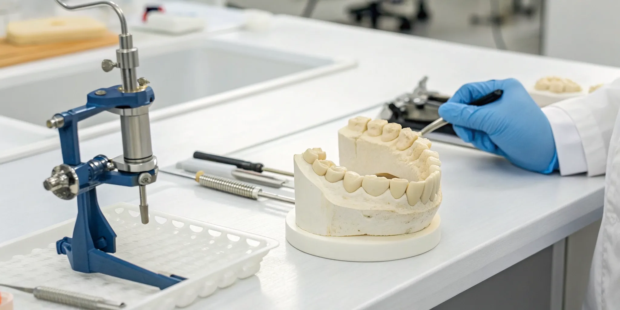 A dental lab technician creating a precise diagnostic wax up model.