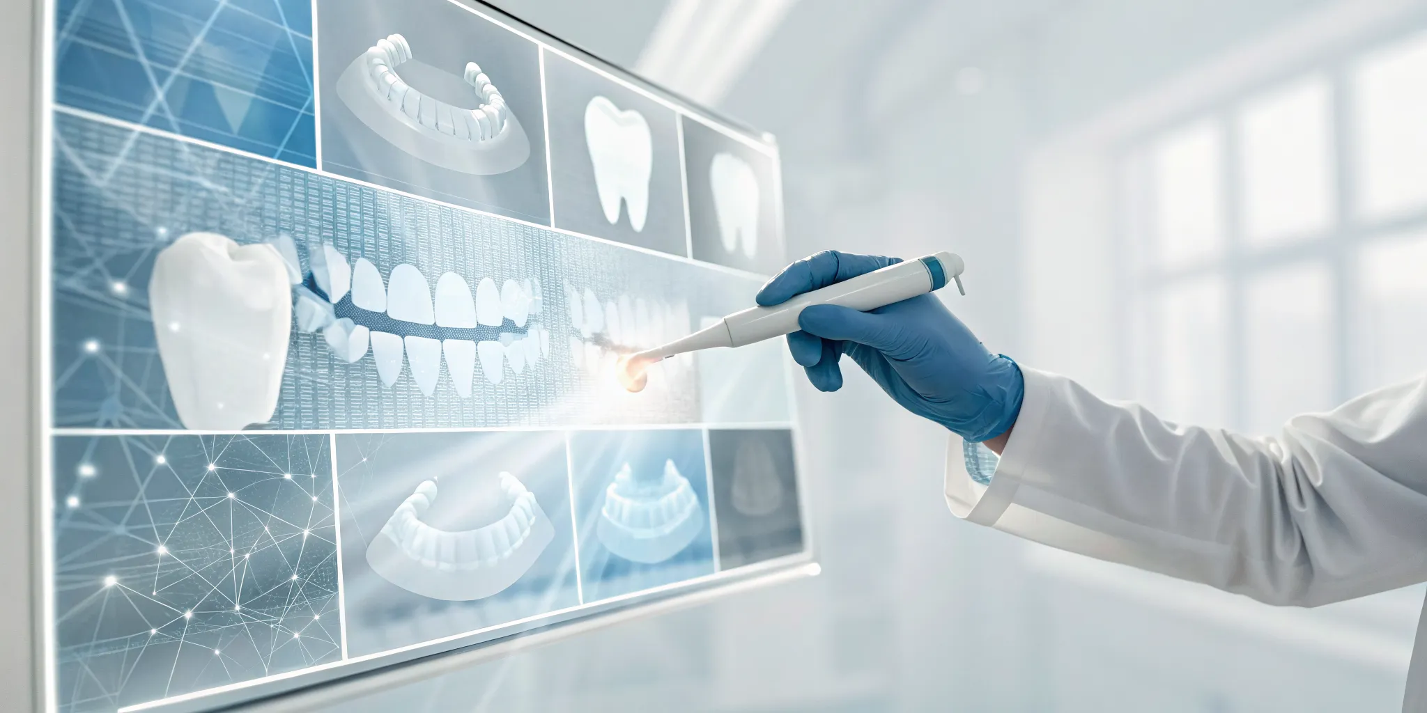 Digital custom abutment workflow with an intraoral scanner and 3D abutment design on screen.