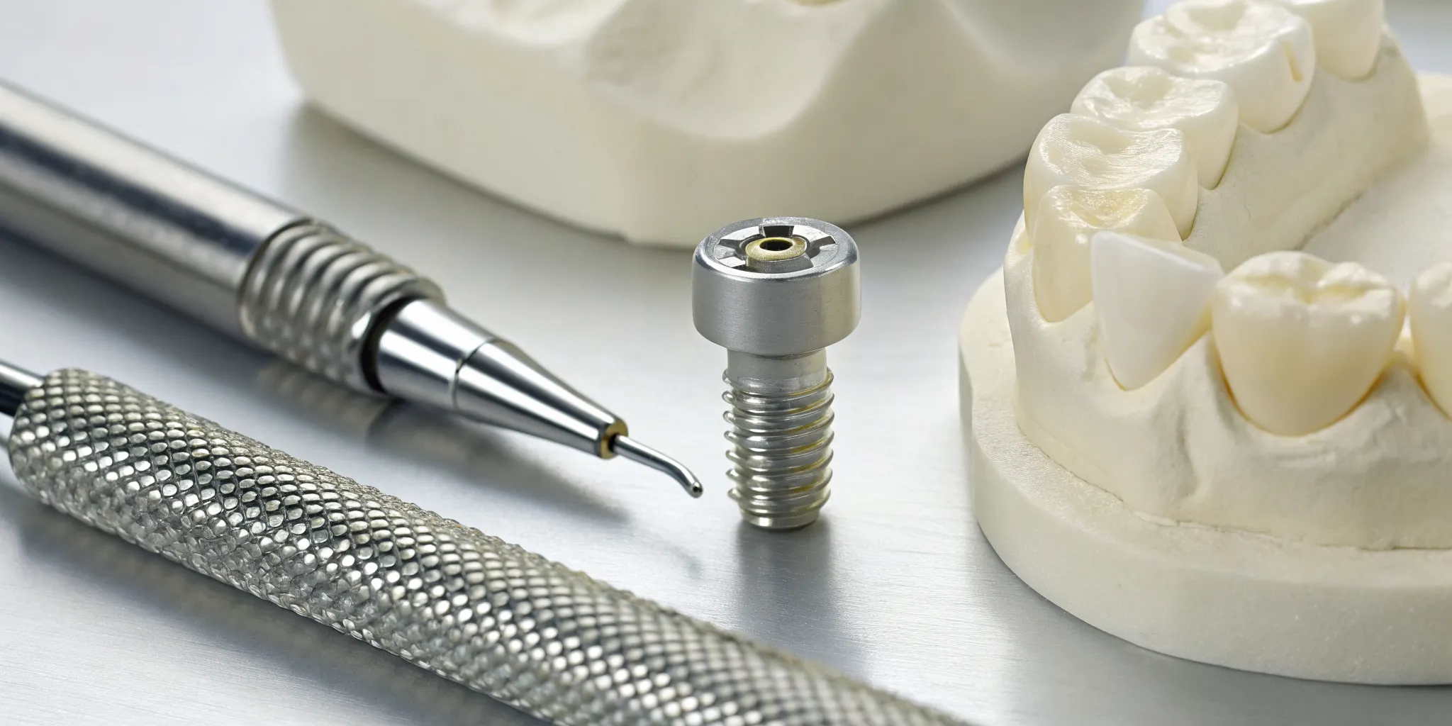 Dental lab price for a screw-retained crown with an implant model and tools.