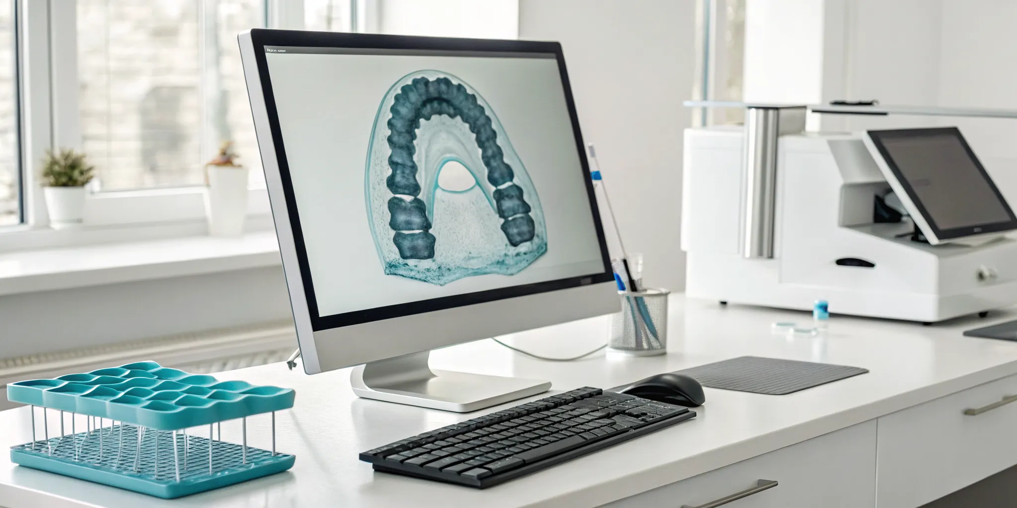 Digital dental lab computer showing a 3D model of a dental arch from an STL file.