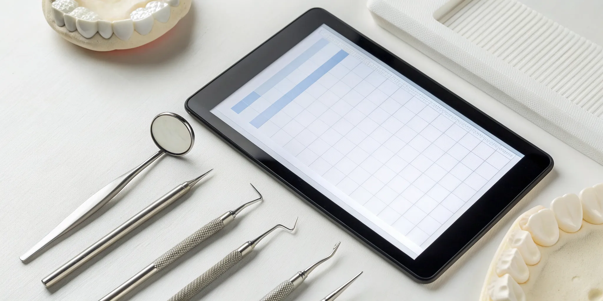 Dental lab price list for dentists on a digital tablet with tools and tooth models.
