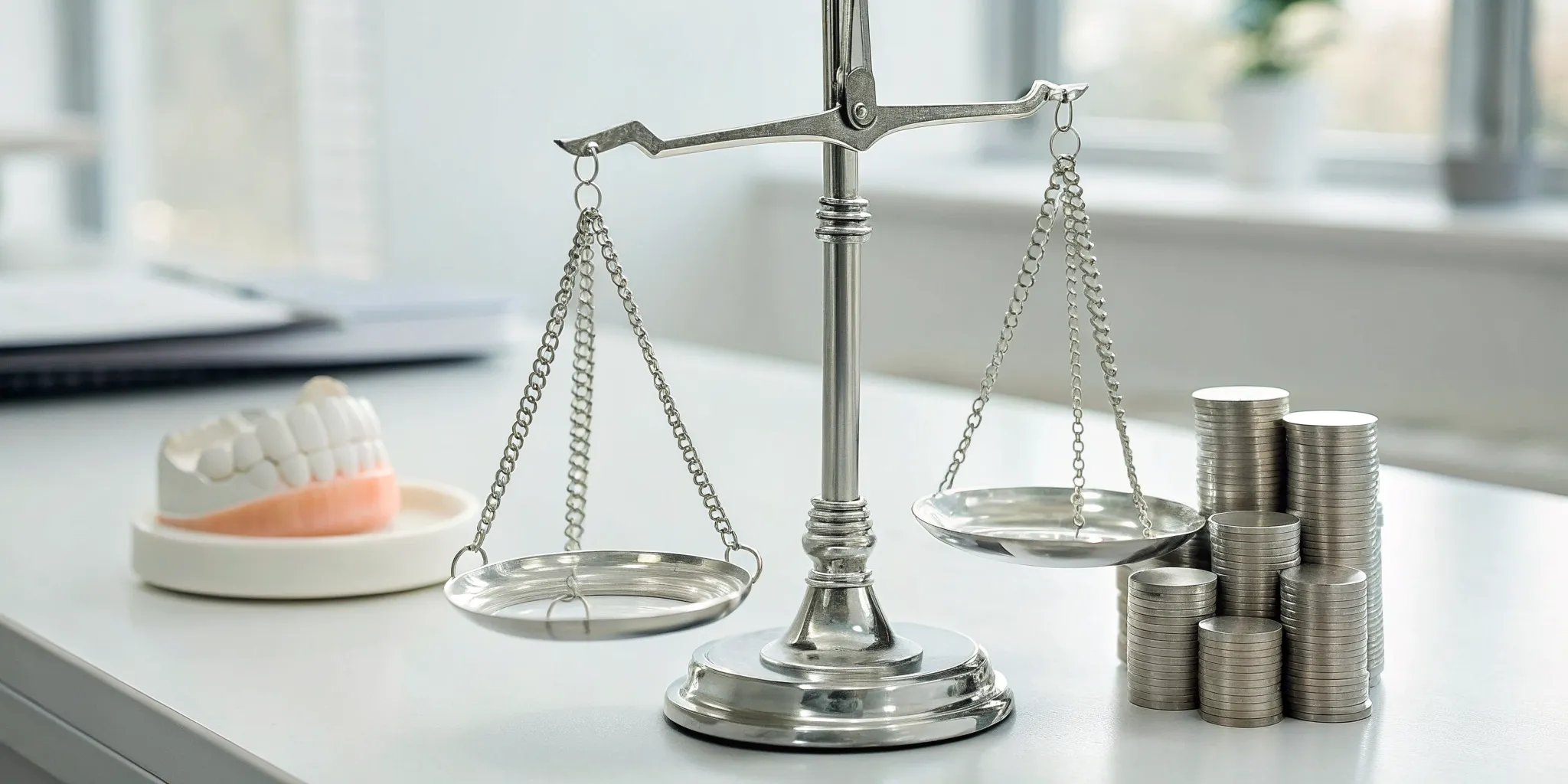 Balance scale weighing dental lab outsourcing costs with a denture model and coins.