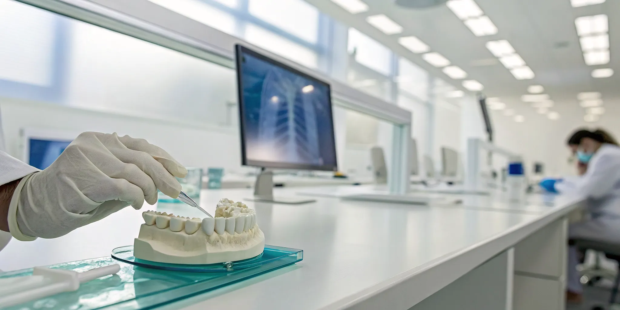 Technician at a dental lab that accepts STL files designs a digital dental model.