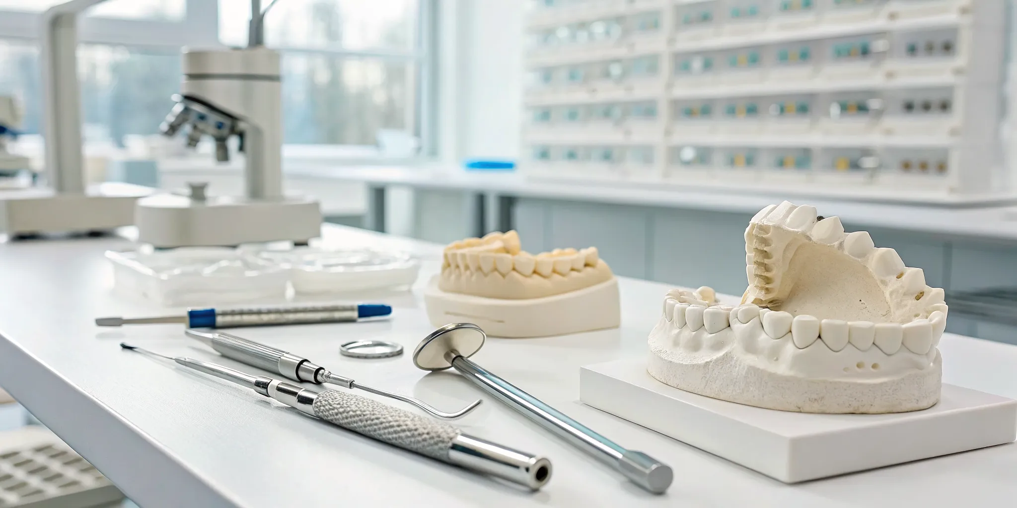 Smile design wax up models and tools at a dental lab for cosmetic dentistry.